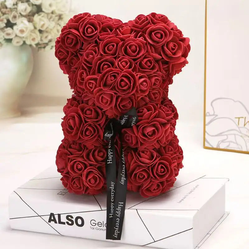 25cm Artificial Teddy Rose Flower Bear with Box Romantic Valentines Day Gift Girlfriend Women Anniversary Wedding Party Supplies 16